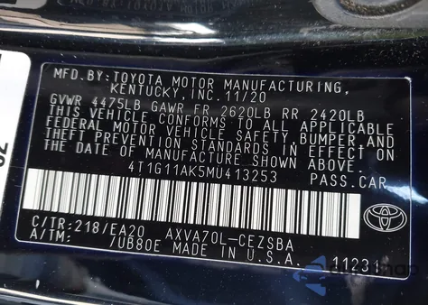 2021 Toyota Camry Se from USA, damaged, VIN 4T1G11AK5MU413253